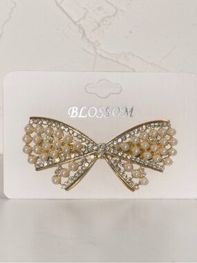 Gold Pearl & Crystal Bow Hair Clip